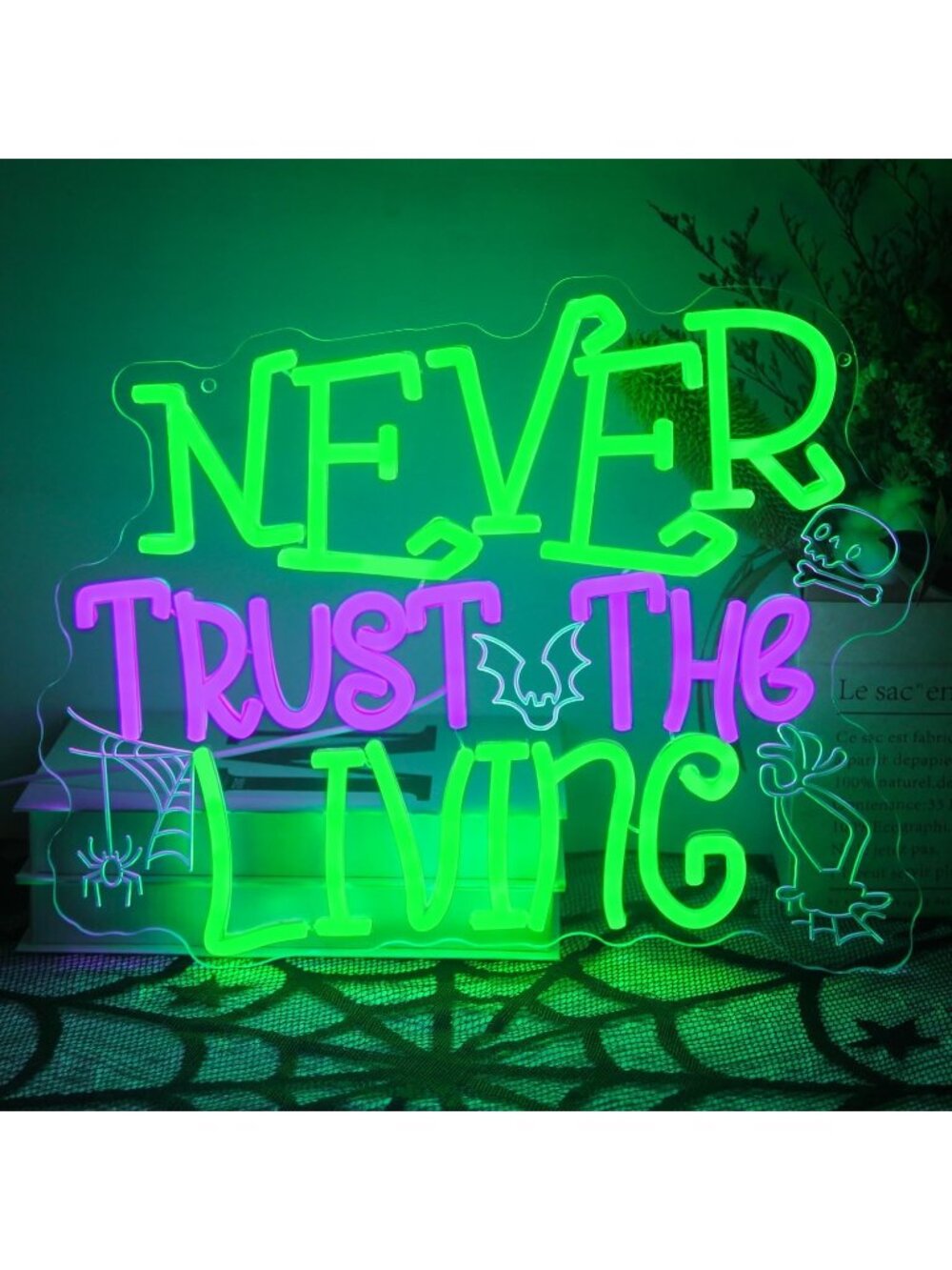 Never Trust The Living Neon Sign Green Purple Skull Spider Web Bat LED Light